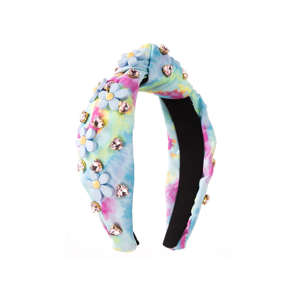 Wholesale Tie Dyed Fabric Inlaid with Diamonds, Flower Bows, Valentine's Day Headbands